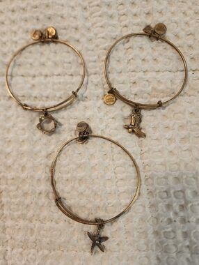 Trio Of Alex & Ani Burnished Gold Charm Bangle Bracelets Starfish Boot Crown